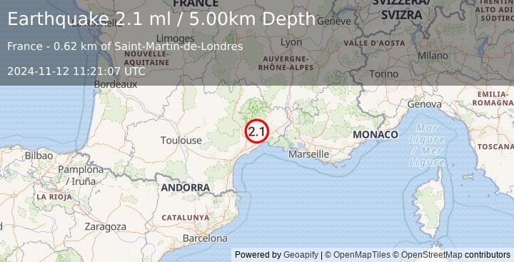 Earthquake NEAR SOUTH COAST OF FRANCE (2.1 ml) (2024-11-12 11:21:07 UTC)