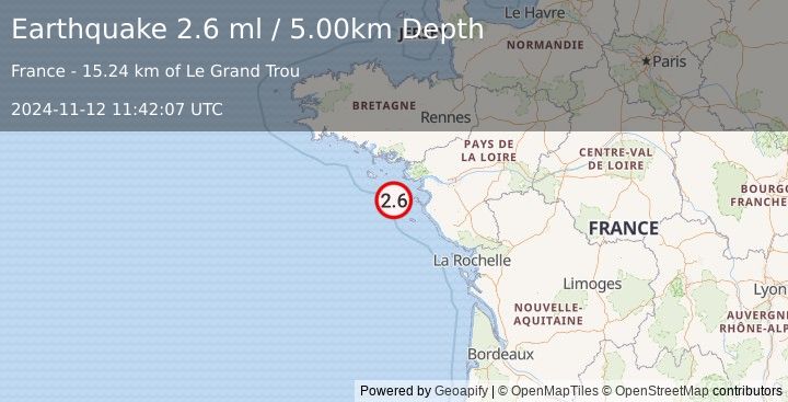 Earthquake BAY OF BISCAY (2.6 ml) (2024-11-12 11:42:07 UTC)