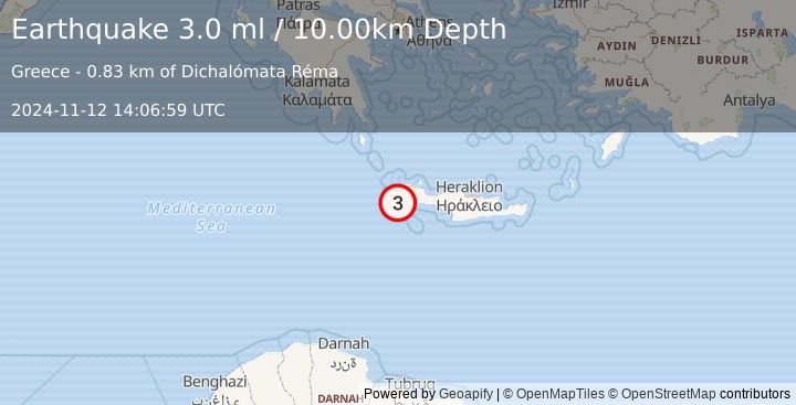 Earthquake CRETE, GREECE (3.0 ml) (2024-11-12 14:06:59 UTC)