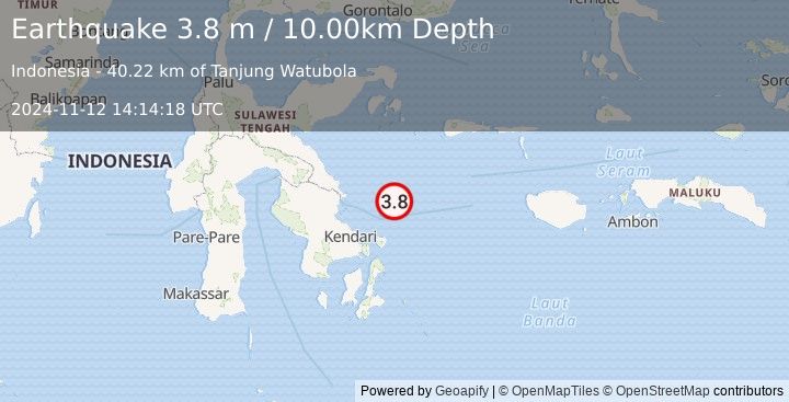 Earthquake SULAWESI, INDONESIA (3.8 m) (2024-11-12 14:14:18 UTC)