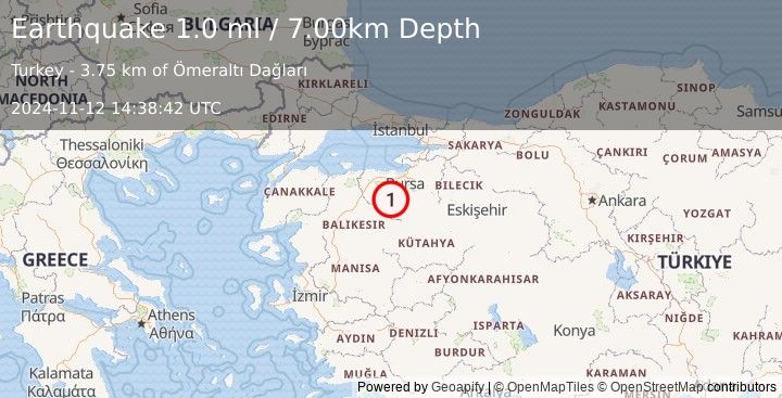 Earthquake WESTERN TURKEY (1.0 ml) (2024-11-12 14:38:42 UTC)