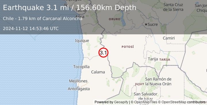 Earthquake ANTOFAGASTA, CHILE (3.1 ml) (2024-11-12 14:53:46 UTC)