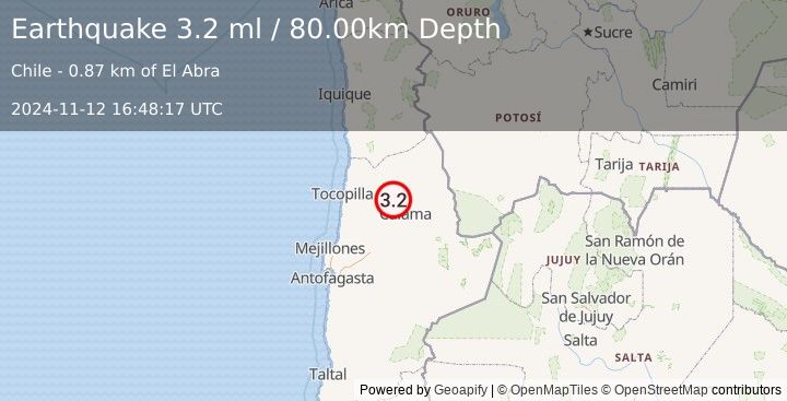 Earthquake ANTOFAGASTA, CHILE (3.2 ml) (2024-11-12 16:48:17 UTC)