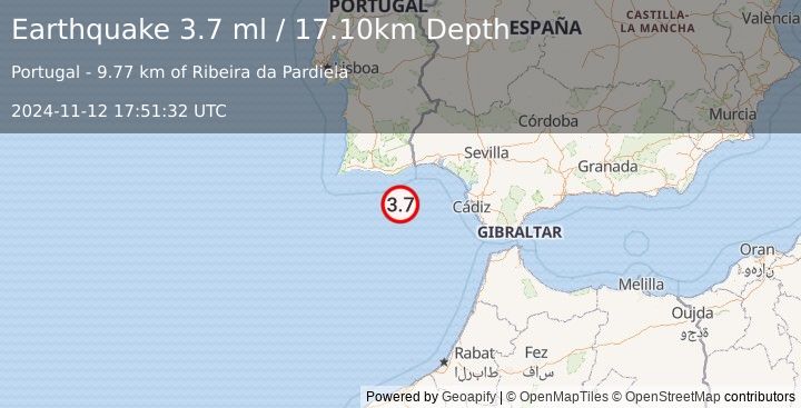 Earthquake STRAIT OF GIBRALTAR (3.7 ml) (2024-11-12 17:51:32 UTC)