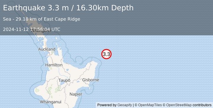 Earthquake OFF E. COAST OF N. ISLAND, N.Z. (3.3 m) (2024-11-12 17:56:04 UTC)