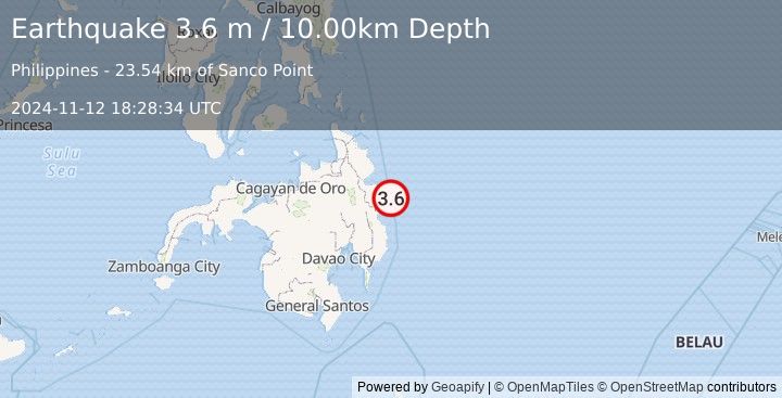 Earthquake MINDANAO, PHILIPPINES (3.6 m) (2024-11-12 18:28:34 UTC)