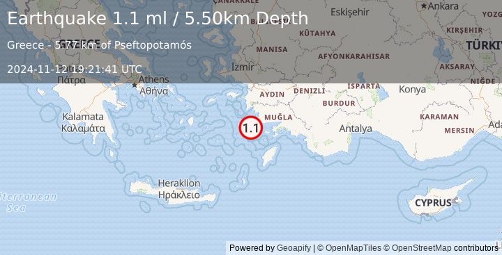 Earthquake DODECANESE IS.-TURKEY BORDER REG (1.1 ml) (2024-11-12 19:21:41 UTC)