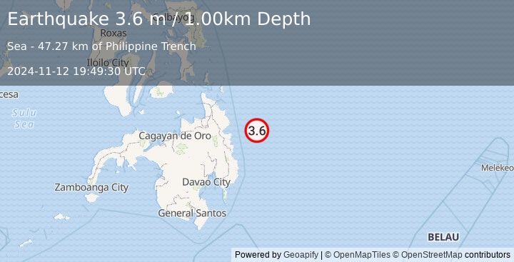 Earthquake PHILIPPINE ISLANDS REGION (3.6 m) (2024-11-12 19:49:30 UTC)