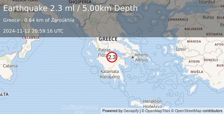 Earthquake SOUTHERN GREECE (2.3 ml) (2024-11-12 20:59:16 UTC)