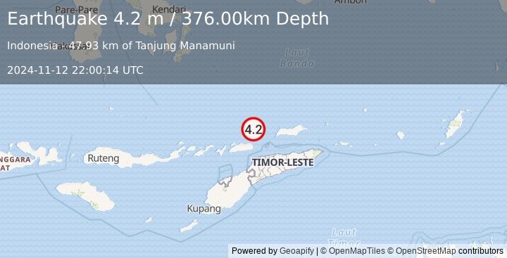 Earthquake KEPULAUAN BARAT DAYA, INDONESIA (4.2 m) (2024-11-12 22:00:14 UTC)