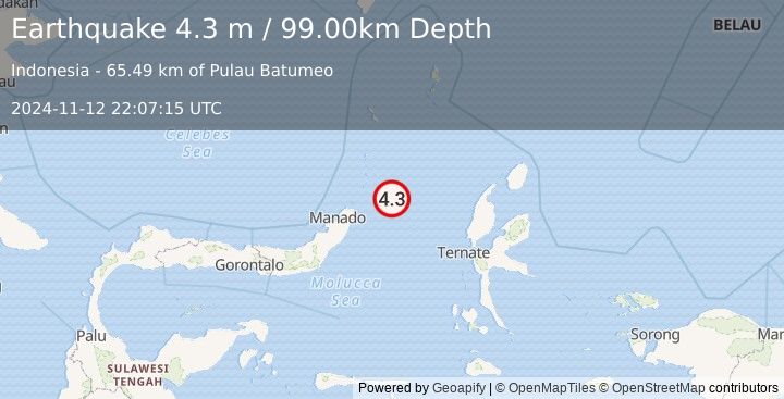 Earthquake MOLUCCA SEA (4.3 m) (2024-11-12 22:07:15 UTC)