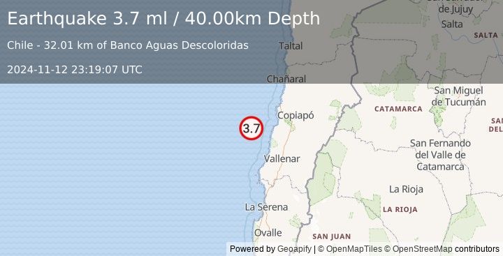 Earthquake OFFSHORE ATACAMA, CHILE (3.7 ml) (2024-11-12 23:19:07 UTC)