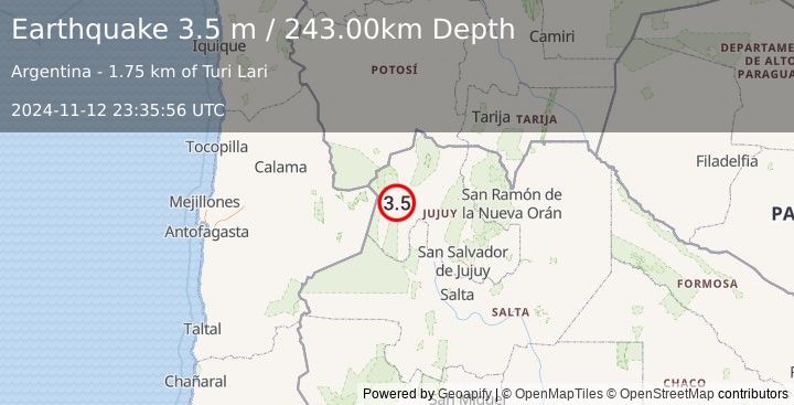 Earthquake JUJUY, ARGENTINA (3.5 m) (2024-11-12 23:35:56 UTC)