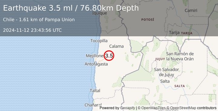 Earthquake ANTOFAGASTA, CHILE (3.5 ml) (2024-11-12 23:43:56 UTC)