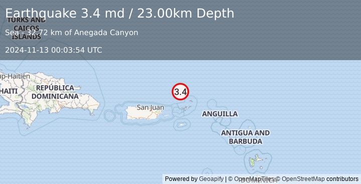 Earthquake VIRGIN ISLANDS REGION (3.4 md) (2024-11-13 00:03:54 UTC)