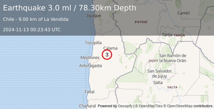 Earthquake ANTOFAGASTA, CHILE (3.0 ml) (2024-11-13 00:23:43 UTC)