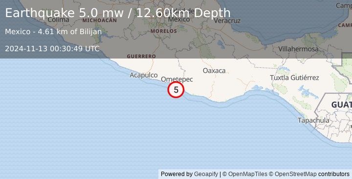 Earthquake OFFSHORE OAXACA, MEXICO (5.0 mw) (2024-11-13 00:30:49 UTC)