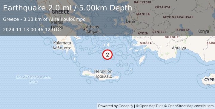 Earthquake DODECANESE ISLANDS, GREECE (2.0 ml) (2024-11-13 00:46:12 UTC)