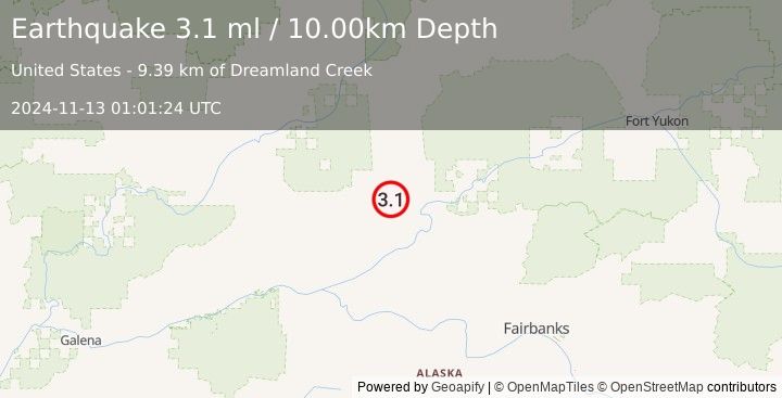 Earthquake NORTHERN ALASKA (3.1 ml) (2024-11-13 01:01:24 UTC)