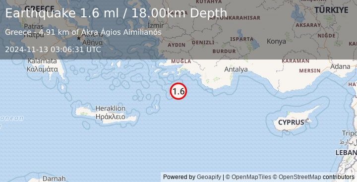 Earthquake DODECANESE IS.-TURKEY BORDER REG (1.6 ml) (2024-11-13 03:06:31 UTC)