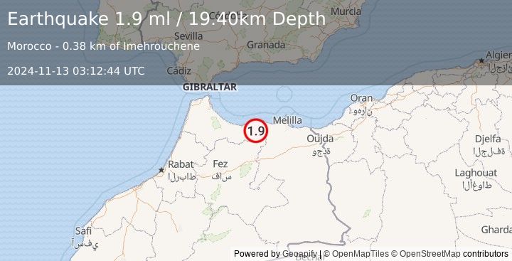 Earthquake STRAIT OF GIBRALTAR (1.9 ml) (2024-11-13 03:12:44 UTC)