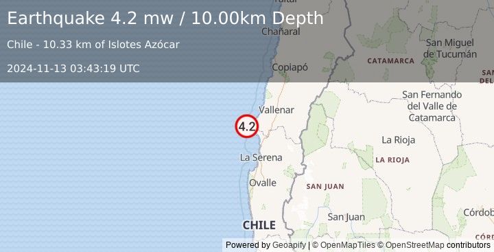 Earthquake OFFSHORE ATACAMA, CHILE (4.2 mw) (2024-11-13 03:43:19 UTC)