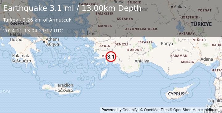 Earthquake WESTERN TURKEY (3.1 ml) (2024-11-13 04:21:12 UTC)