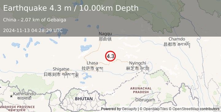 Earthquake EASTERN XIZANG (4.3 m) (2024-11-13 04:28:29 UTC)