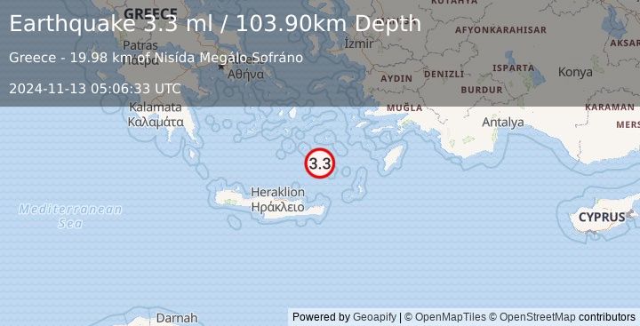 Earthquake DODECANESE ISLANDS, GREECE (3.3 ml) (2024-11-13 05:06:33 UTC)