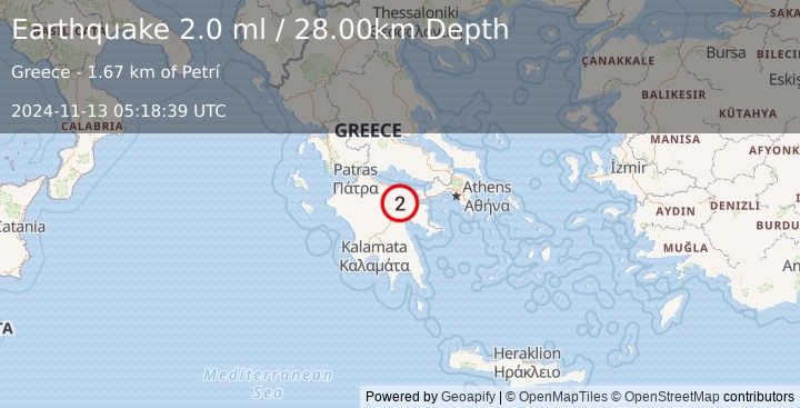 Earthquake SOUTHERN GREECE (2.0 ml) (2024-11-13 05:18:39 UTC)