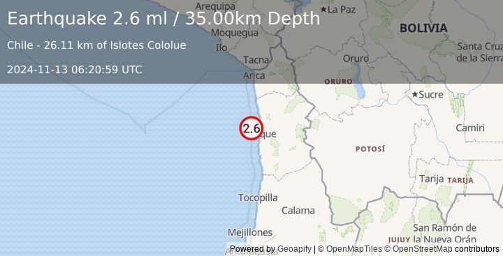 Earthquake OFFSHORE TARAPACA, CHILE (2.6 ml) (2024-11-13 06:20:59 UTC)