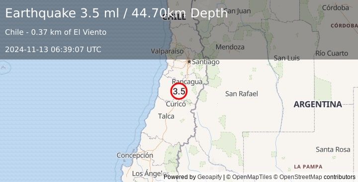 Earthquake LIBERTADOR O'HIGGINS, CHILE (3.5 ml) (2024-11-13 06:39:07 UTC)