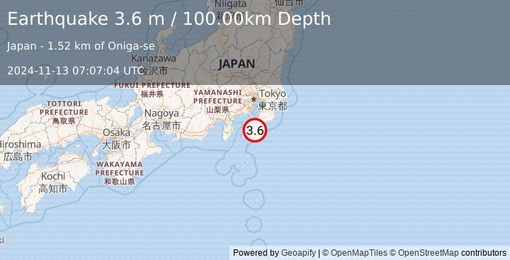 Earthquake NEAR S. COAST OF HONSHU, JAPAN (3.6 m) (2024-11-13 07:07:04 UTC)