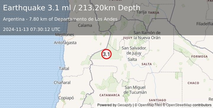 Earthquake SALTA, ARGENTINA (3.1 ml) (2024-11-13 07:30:12 UTC)