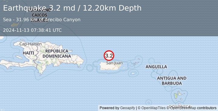 Earthquake PUERTO RICO REGION (3.2 md) (2024-11-13 07:38:41 UTC)