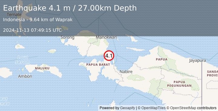 Earthquake NEAR N COAST OF PAPUA, INDONESIA (4.1 m) (2024-11-13 07:49:15 UTC)