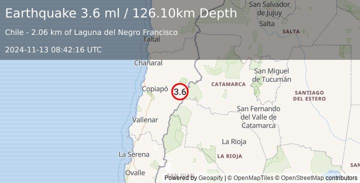 Earthquake ATACAMA, CHILE (3.6 ml) (2024-11-13 08:42:16 UTC)