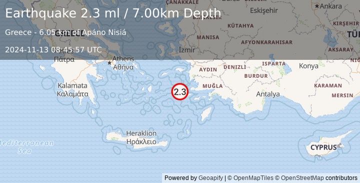 Earthquake DODECANESE ISLANDS, GREECE (2.3 ml) (2024-11-13 08:45:57 UTC)