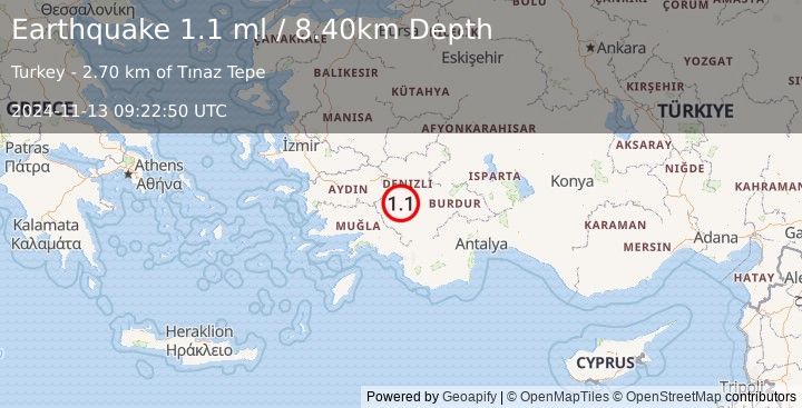 Earthquake WESTERN TURKEY (1.1 ml) (2024-11-13 09:22:50 UTC)