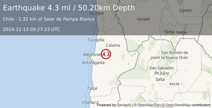 Earthquake ANTOFAGASTA, CHILE (4.3 ml) (2024-11-13 09:27:23 UTC)