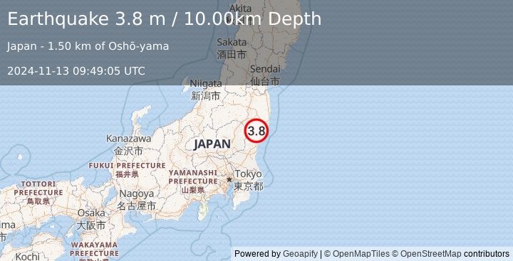 Earthquake NEAR EAST COAST OF HONSHU, JAPAN (3.8 m) (2024-11-13 09:49:05 UTC)