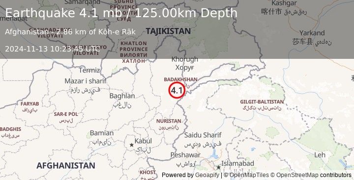 Earthquake HINDU KUSH REGION, AFGHANISTAN (4.1 mb) (2024-11-13 10:23:45 UTC)