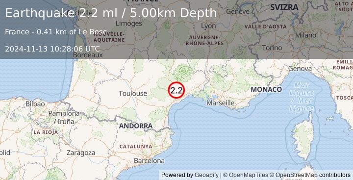 Earthquake NEAR SOUTH COAST OF FRANCE (2.2 ml) (2024-11-13 10:28:06 UTC)