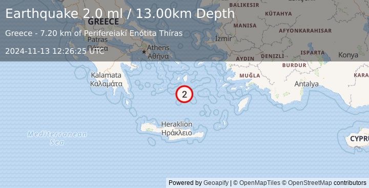 Earthquake DODECANESE ISLANDS, GREECE (2.0 ml) (2024-11-13 12:26:25 UTC)