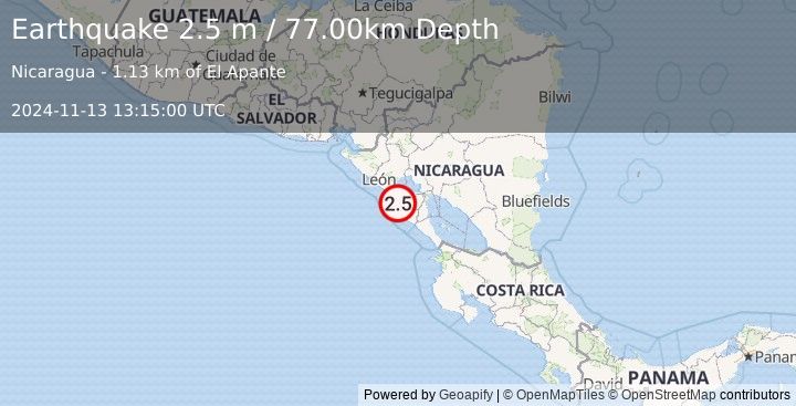 Earthquake NEAR COAST OF NICARAGUA (2.5 m) (2024-11-13 13:15:00 UTC)