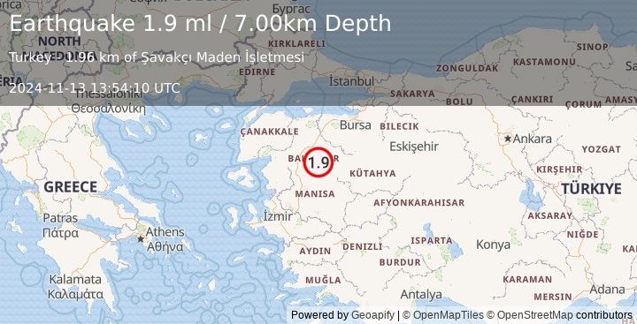 Earthquake WESTERN TURKEY (1.9 ml) (2024-11-13 13:54:10 UTC)