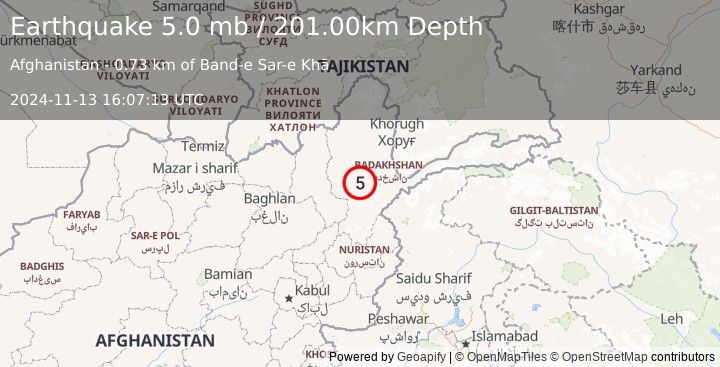 Earthquake HINDU KUSH REGION, AFGHANISTAN (5.0 mb) (2024-11-13 16:07:13 UTC)