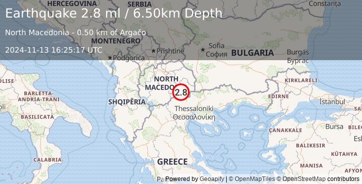 Earthquake REPUBLIC OF NORTH MACEDONIA (2.8 ml) (2024-11-13 16:25:17 UTC)