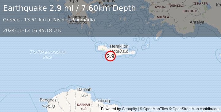 Earthquake CRETE, GREECE (2.9 ml) (2024-11-13 16:45:18 UTC)