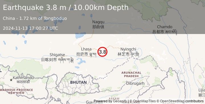 Earthquake EASTERN XIZANG (3.8 m) (2024-11-13 17:00:27 UTC)